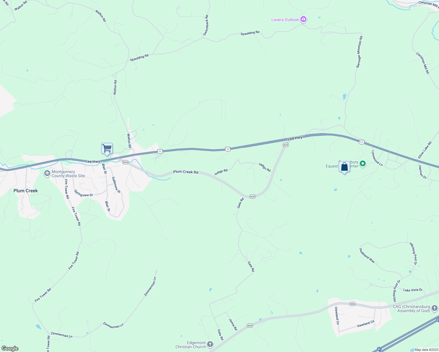 map of restaurants, bars, coffee shops, grocery stores, and more near 2771 Indigo Road in Christiansburg