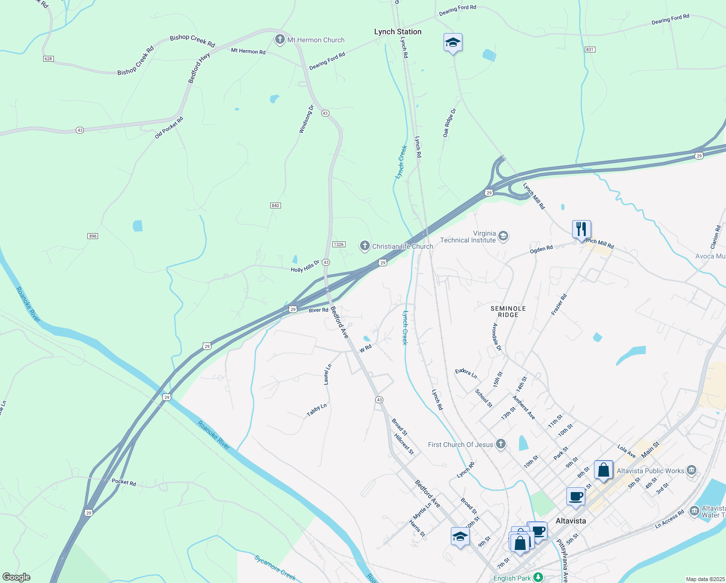 map of restaurants, bars, coffee shops, grocery stores, and more near 187 Oak Ridge Drive in Altavista