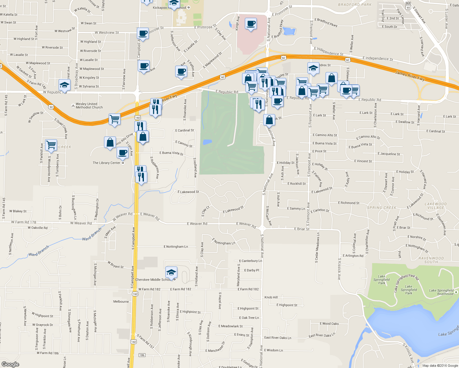 map of restaurants, bars, coffee shops, grocery stores, and more near 956 E Ironbridge Circle North in Springfield