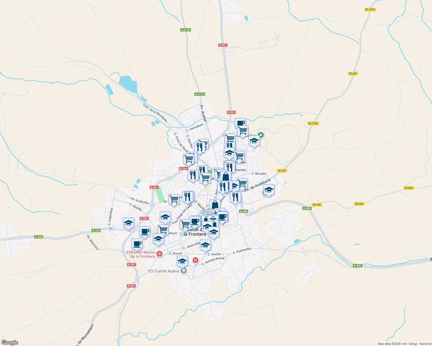 map of restaurants, bars, coffee shops, grocery stores, and more near 18 Avenida Pruna in Morón de la Frontera