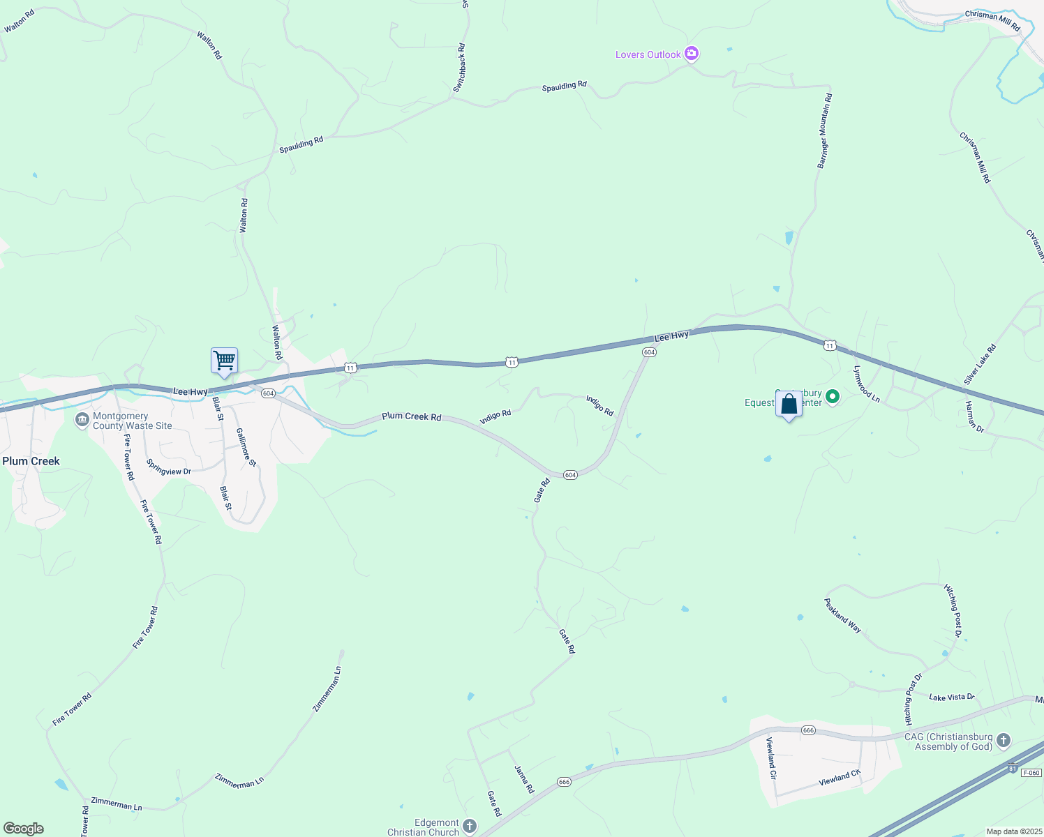 map of restaurants, bars, coffee shops, grocery stores, and more near 2705 Indigo Road in Christiansburg