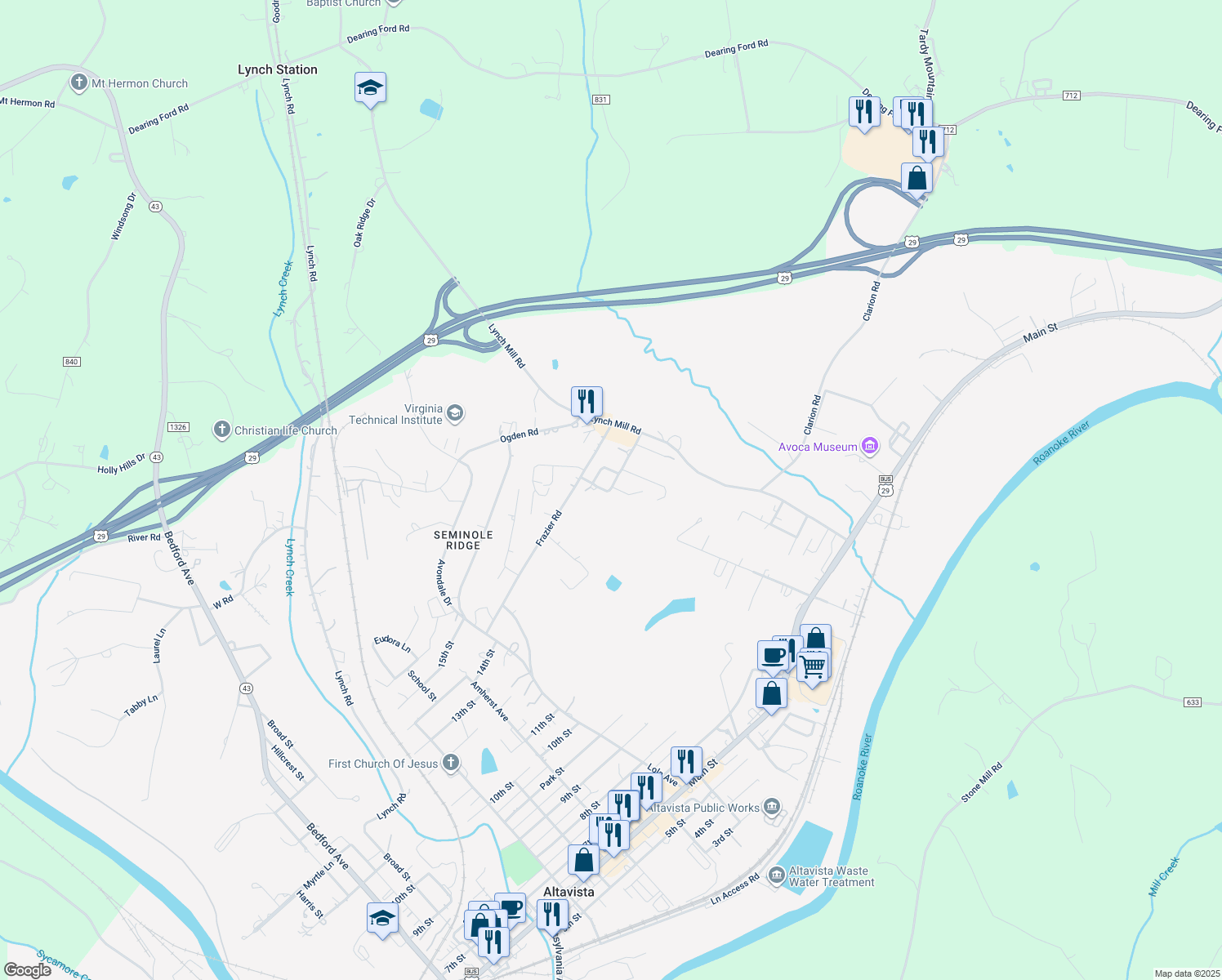 map of restaurants, bars, coffee shops, grocery stores, and more near 1 Ash Lane in Altavista