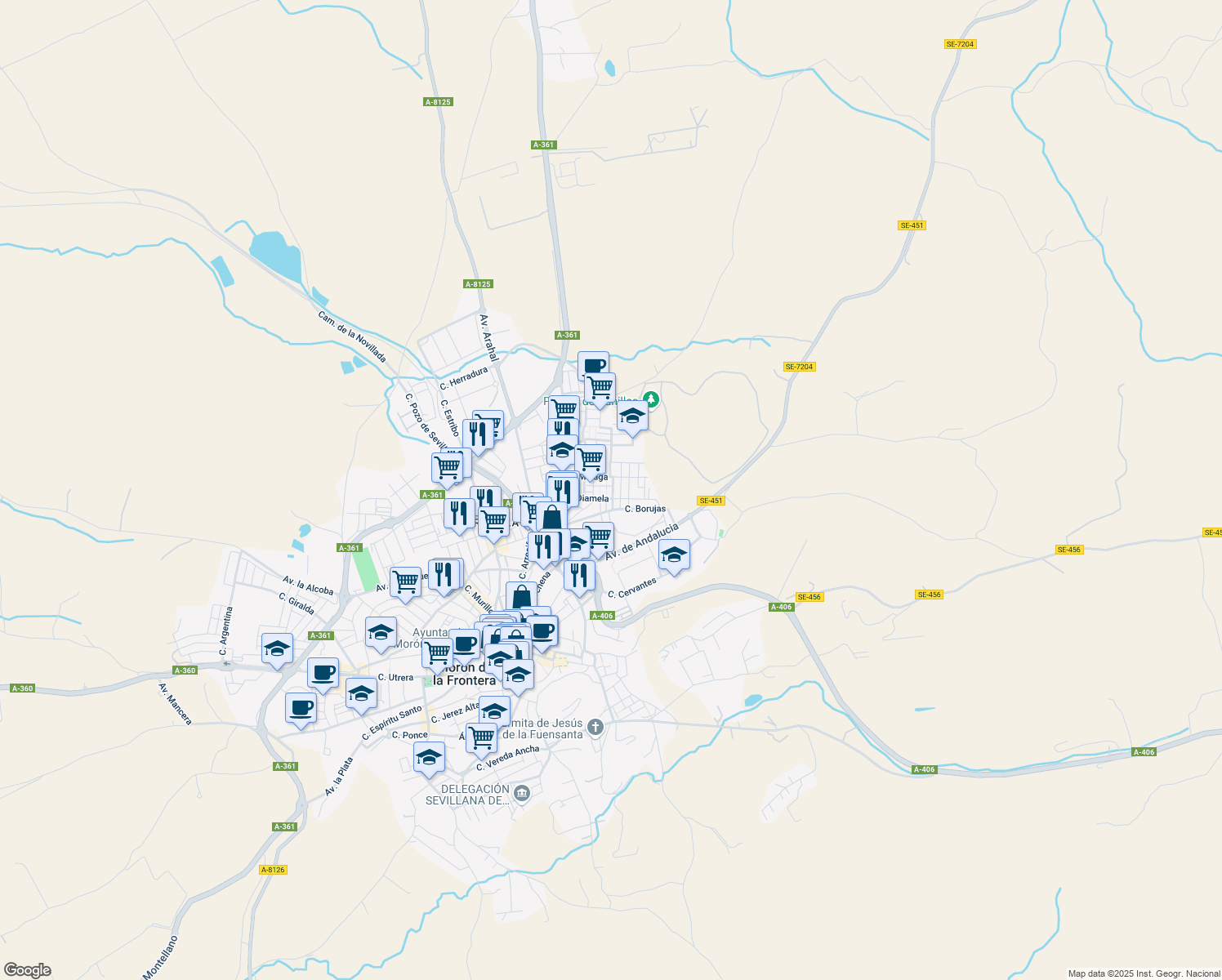 map of restaurants, bars, coffee shops, grocery stores, and more near 66 Calle Málaga in Morón de la Frontera