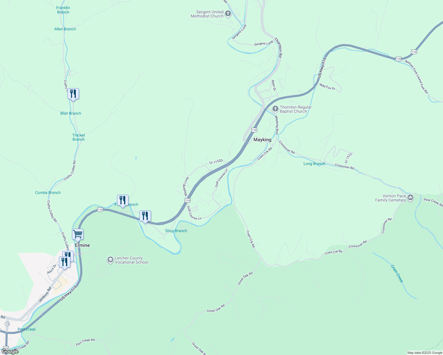 map of restaurants, bars, coffee shops, grocery stores, and more near 738 Golf Course Lane in Whitesburg