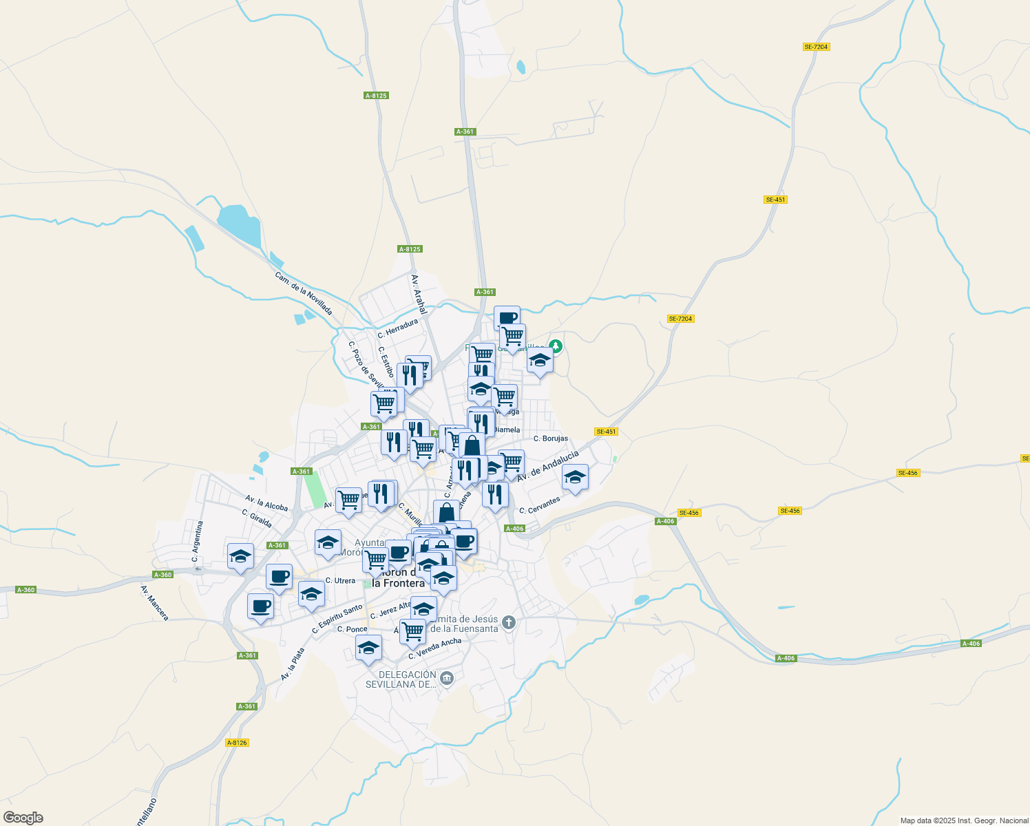 map of restaurants, bars, coffee shops, grocery stores, and more near 66 Calle Málaga in Morón de la Frontera