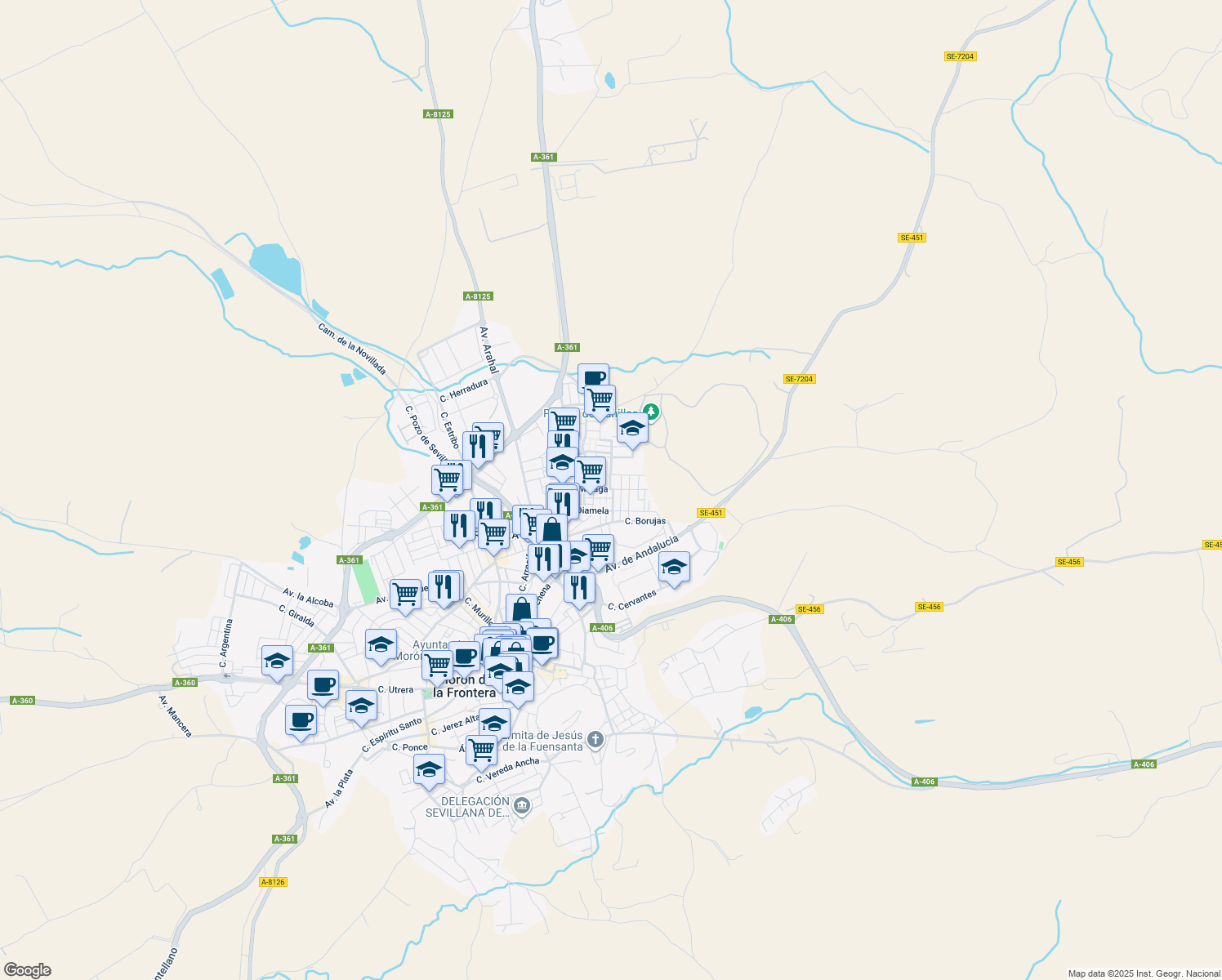map of restaurants, bars, coffee shops, grocery stores, and more near 66 Calle Málaga in Morón de la Frontera