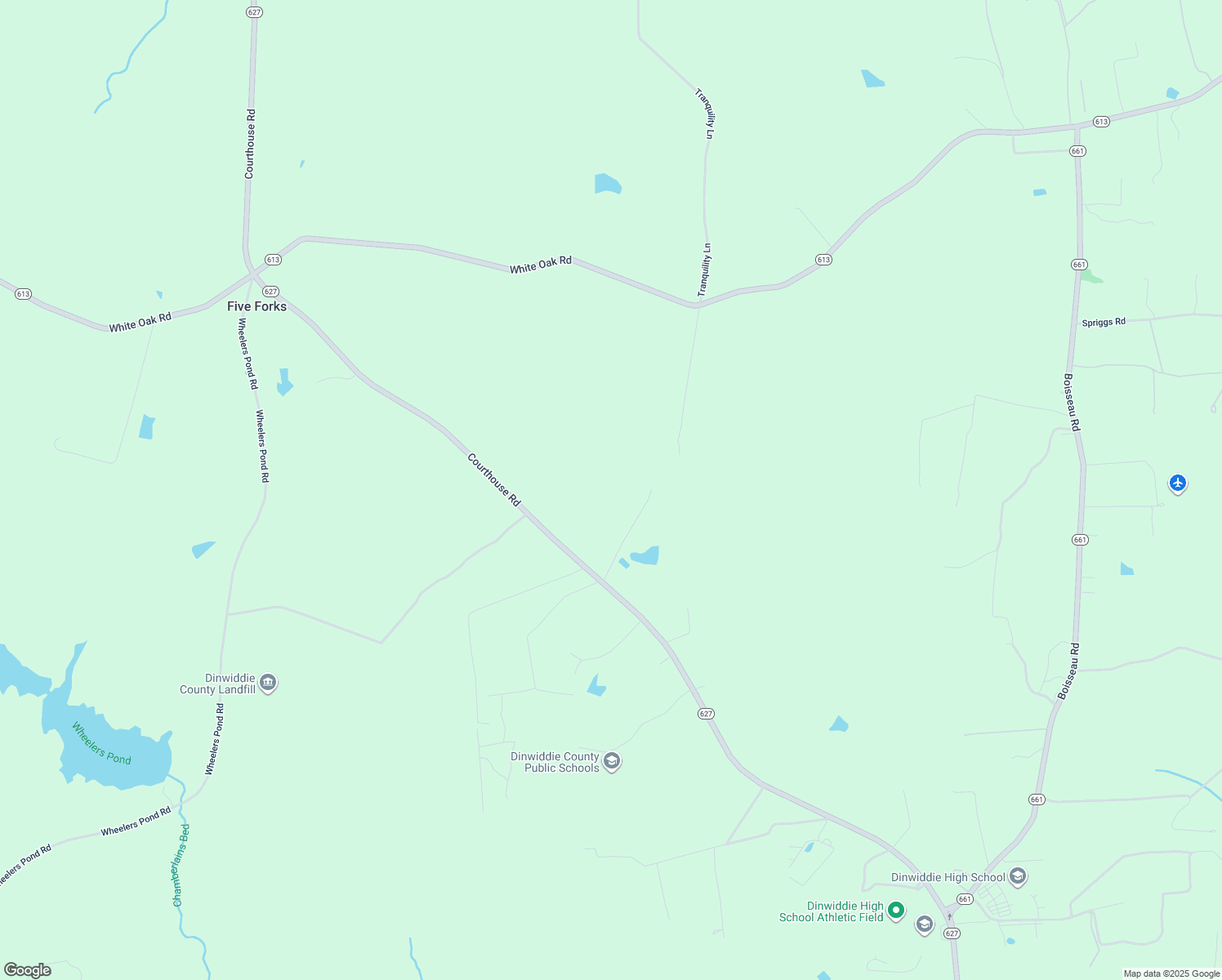 map of restaurants, bars, coffee shops, grocery stores, and more near 10125 Courthouse Road in Dinwiddie