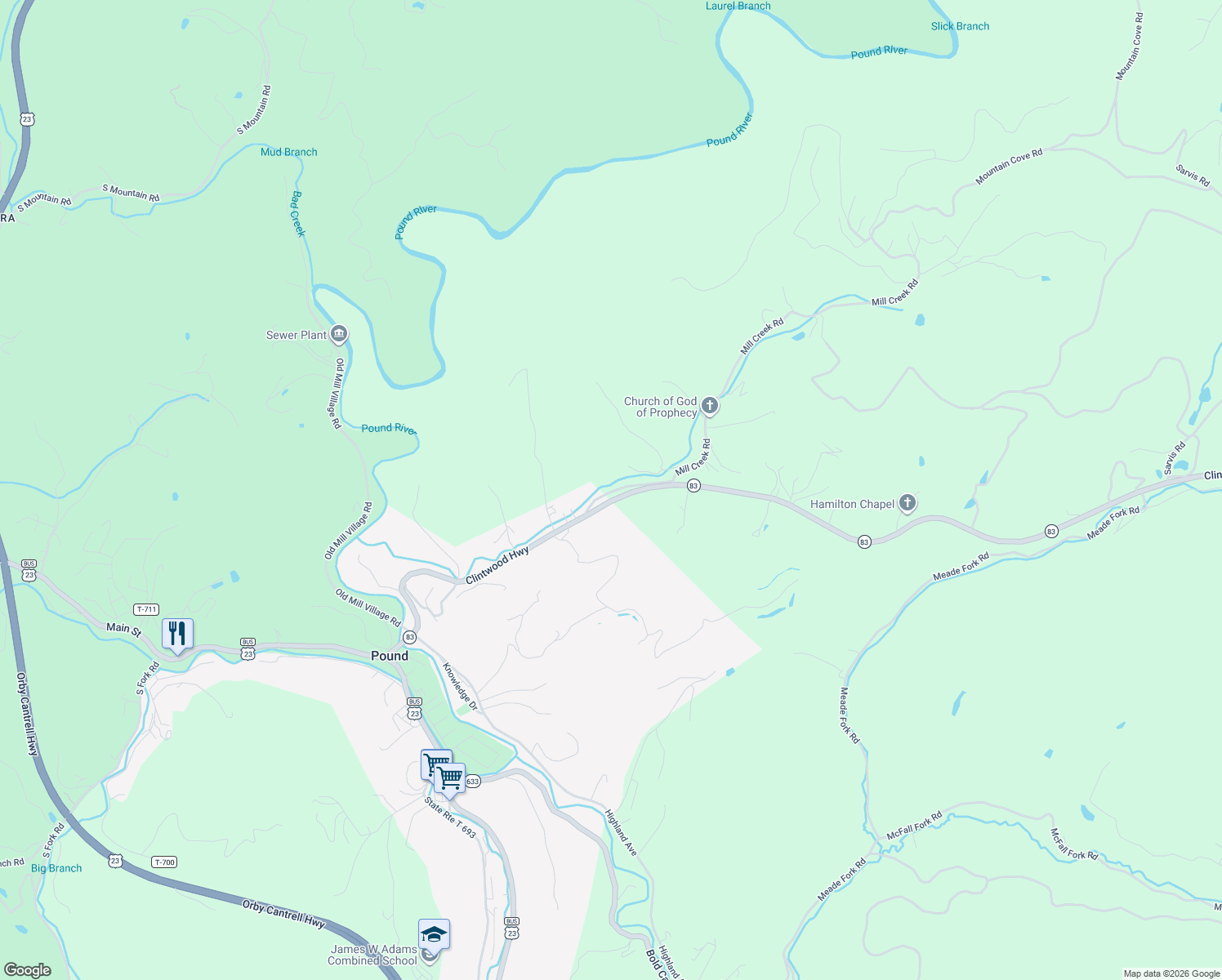 map of restaurants, bars, coffee shops, grocery stores, and more near 8801-8899 State Route T-850 in Pound