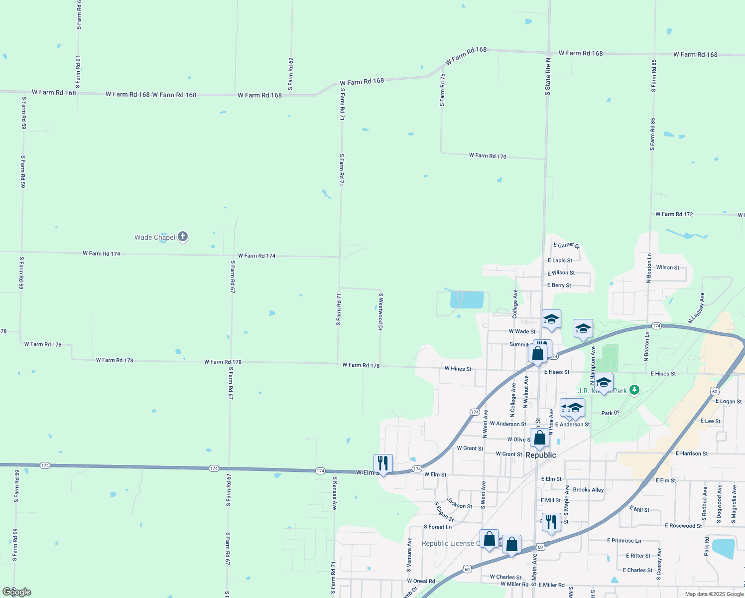 map of restaurants, bars, coffee shops, grocery stores, and more near 4693 South Westwood Drive in Republic