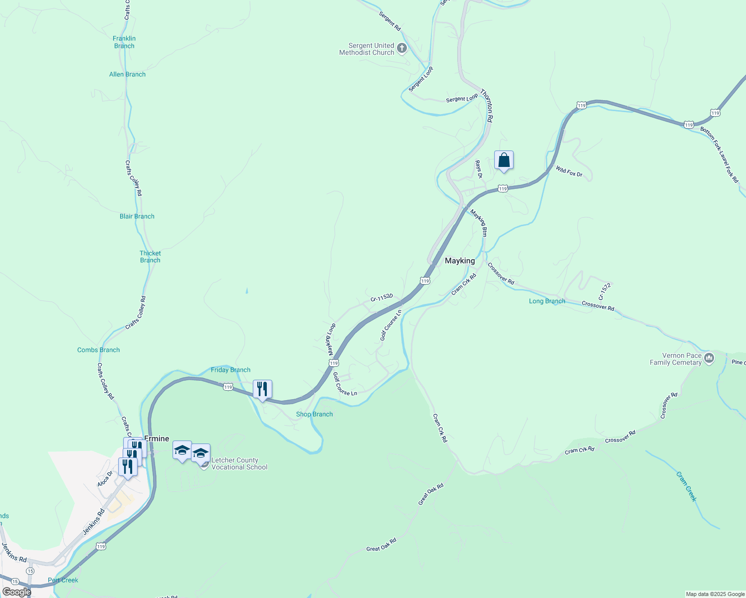 map of restaurants, bars, coffee shops, grocery stores, and more near 39 Caramel Drive in Whitesburg