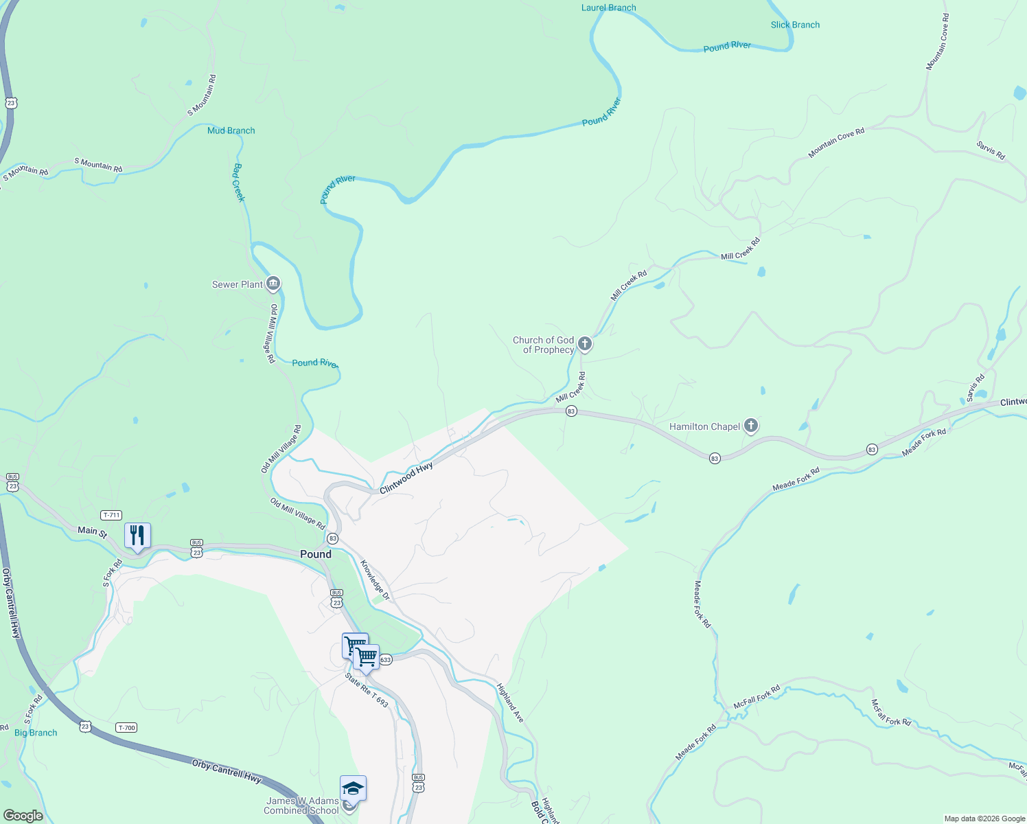 map of restaurants, bars, coffee shops, grocery stores, and more near State Route T-850 in Pound