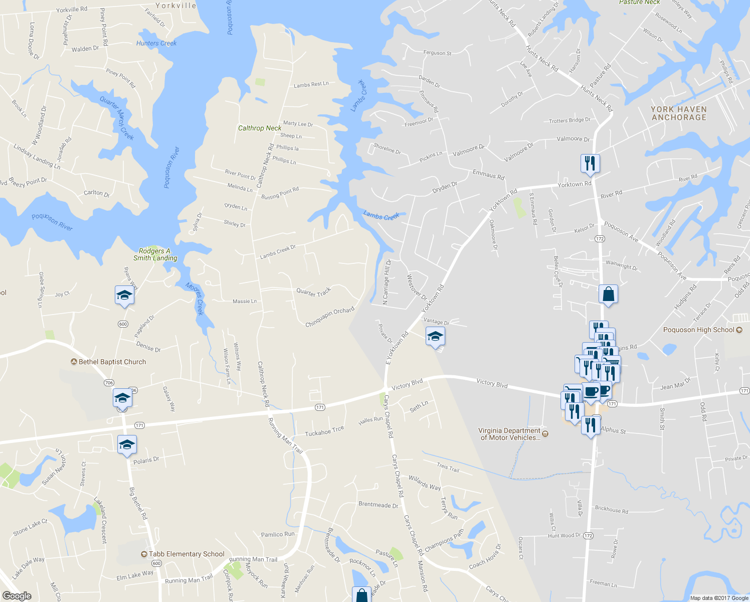 map of restaurants, bars, coffee shops, grocery stores, and more near 2 West Carriage Hill Drive in Poquoson