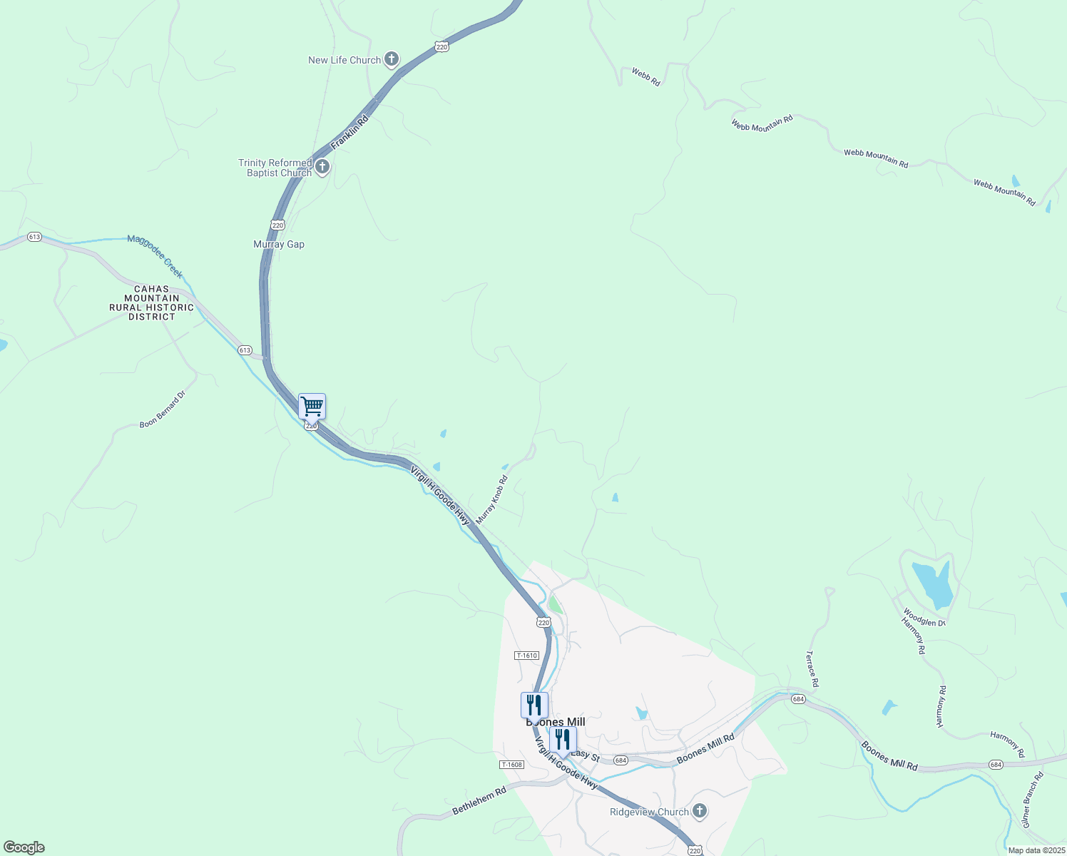 map of restaurants, bars, coffee shops, grocery stores, and more near Shorty Drive in Boones Mill