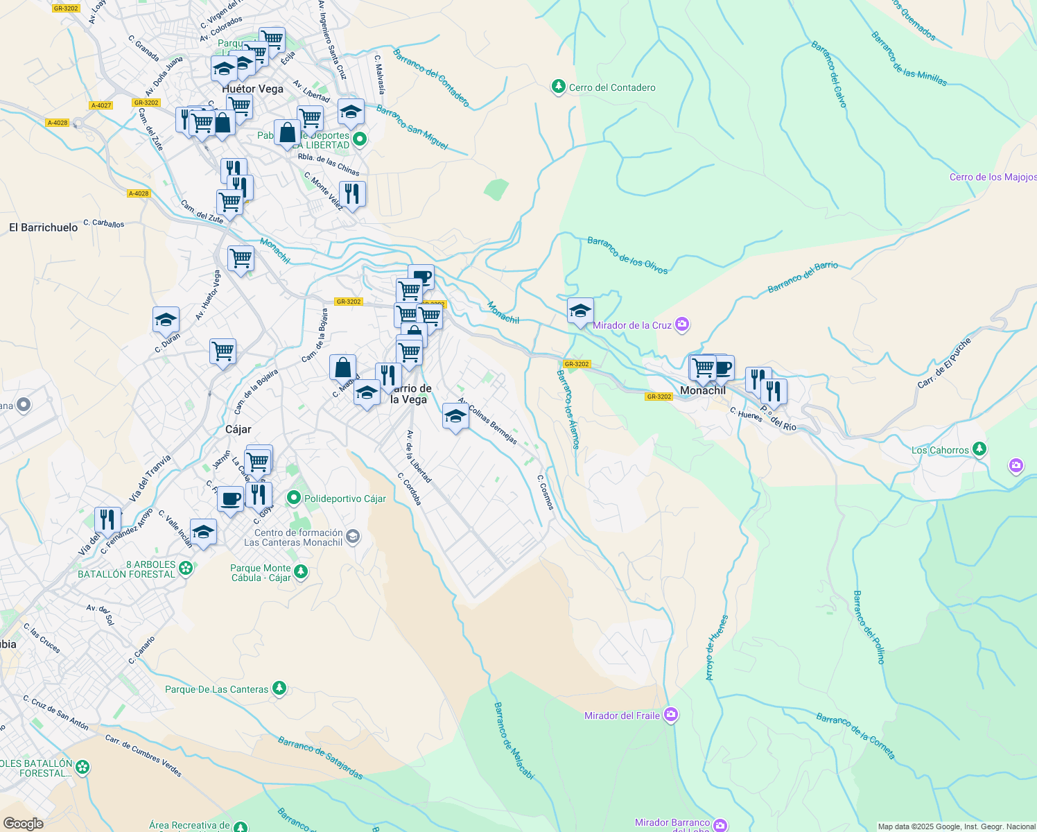 map of restaurants, bars, coffee shops, grocery stores, and more near 11D Calle Rosa in Monachil