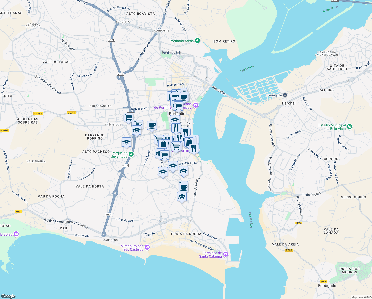 map of restaurants, bars, coffee shops, grocery stores, and more near 72 Rua Dom Carlos I in Portimão