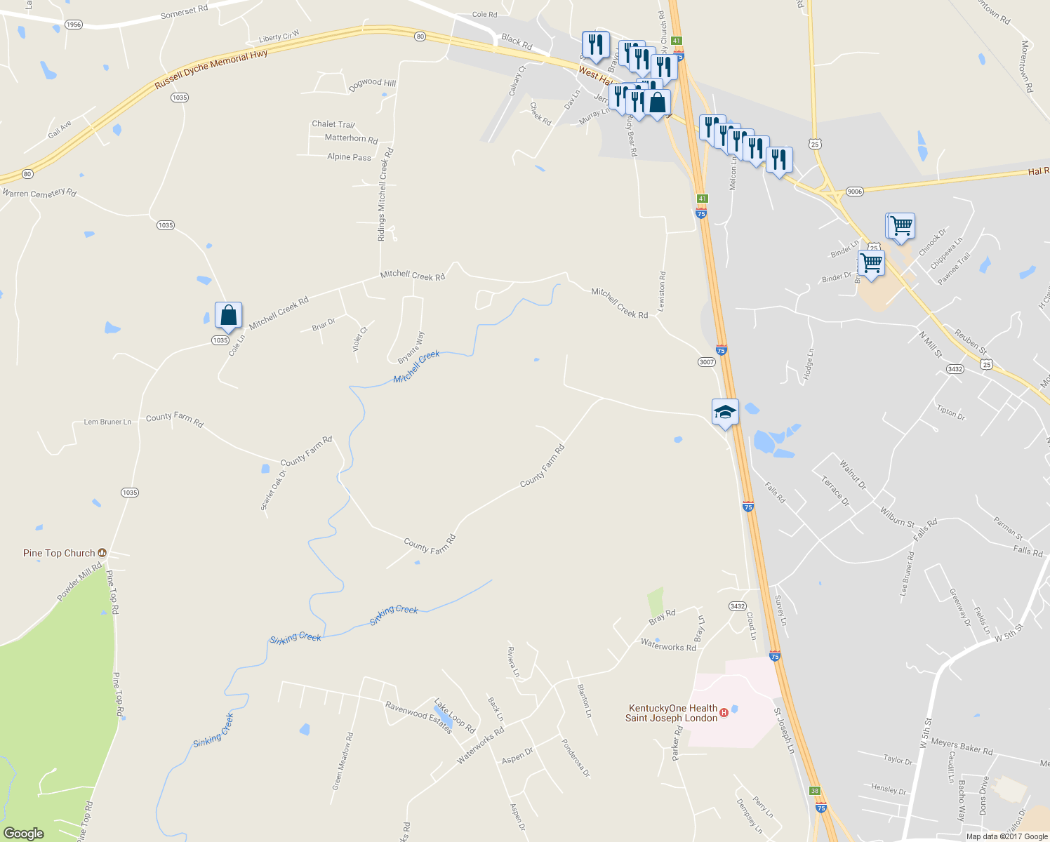 map of restaurants, bars, coffee shops, grocery stores, and more near 128 County Farm Road in London