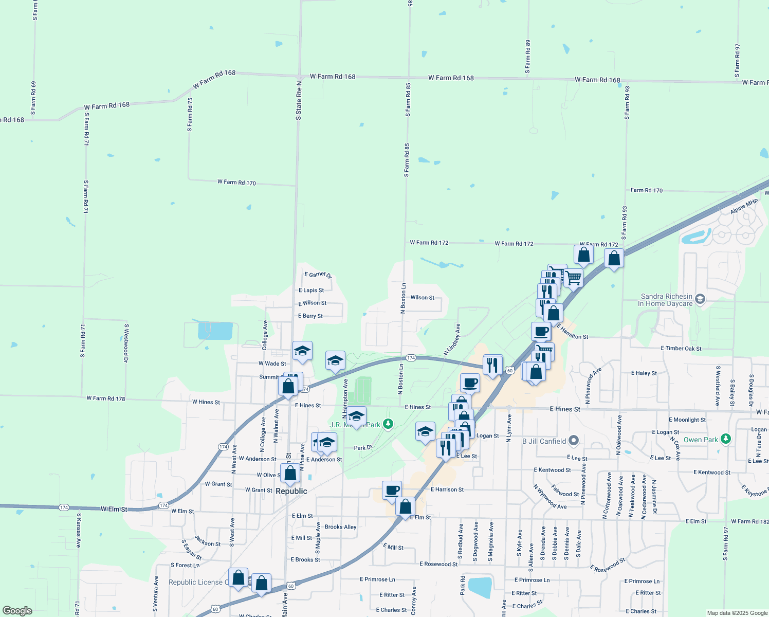 map of restaurants, bars, coffee shops, grocery stores, and more near 509 East Denton Circle in Republic