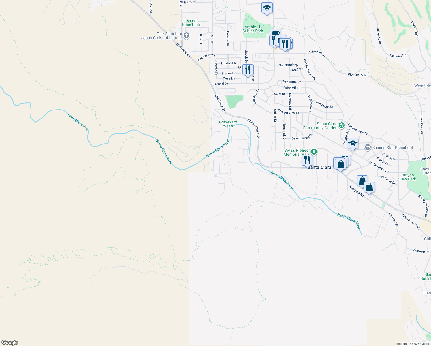 map of restaurants, bars, coffee shops, grocery stores, and more near 1422 Boomers Loop West in Santa Clara