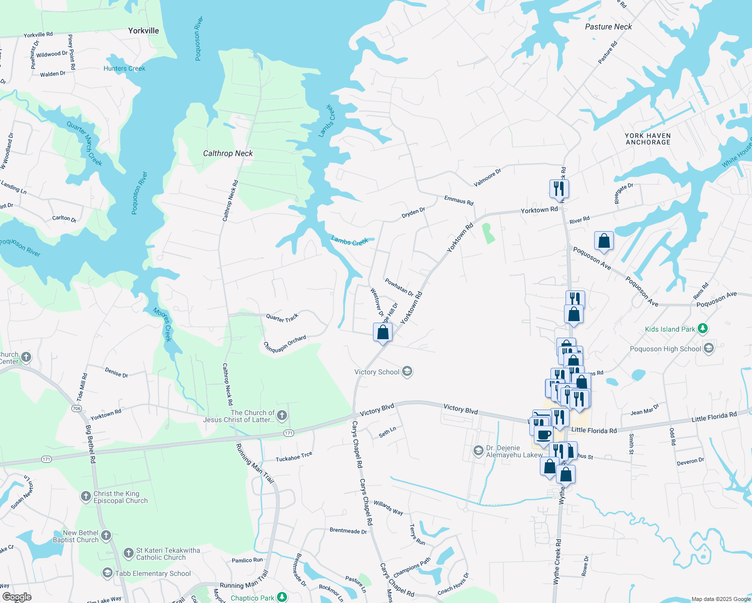map of restaurants, bars, coffee shops, grocery stores, and more near 14 Westover Drive in Poquoson