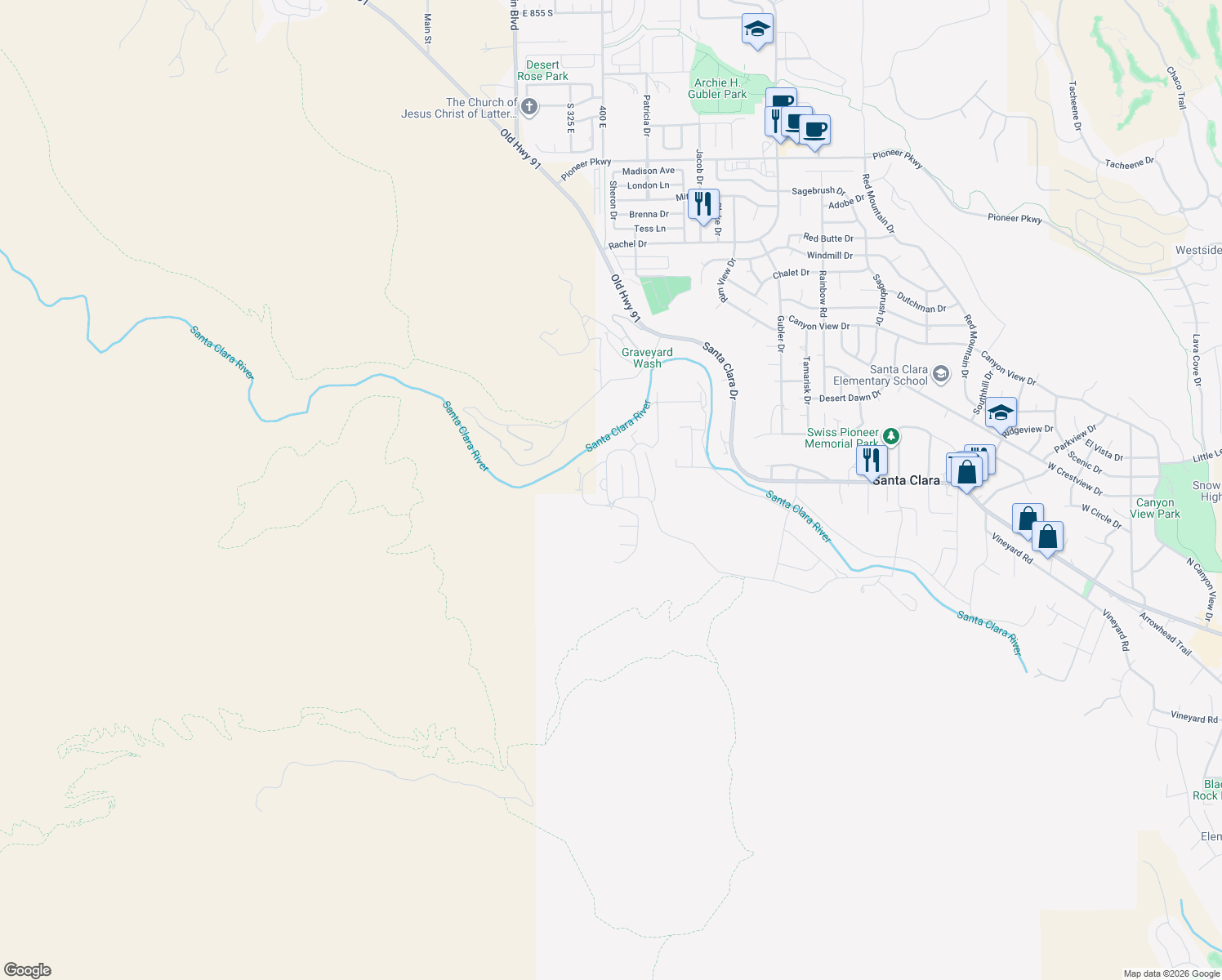 map of restaurants, bars, coffee shops, grocery stores, and more near 1448 Boomers Loop West in Santa Clara