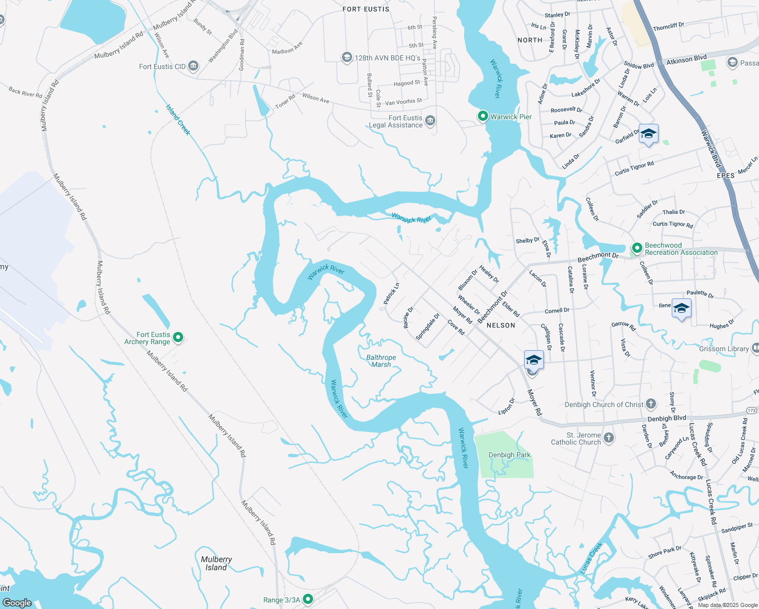 map of restaurants, bars, coffee shops, grocery stores, and more near 1109 Patrick Ln in Newport News