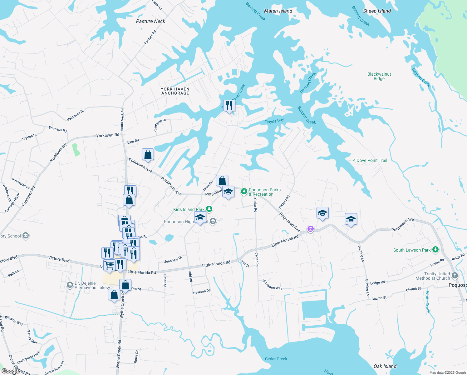 map of restaurants, bars, coffee shops, grocery stores, and more near 813 Poquoson Avenue in Poquoson