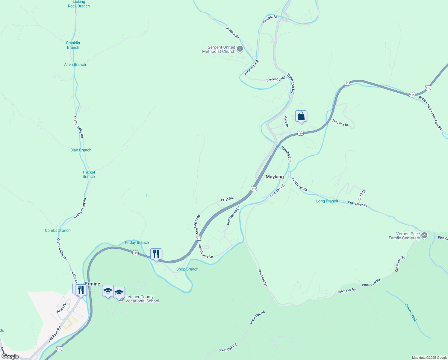 map of restaurants, bars, coffee shops, grocery stores, and more near 39-65 Caramel Drive in Whitesburg