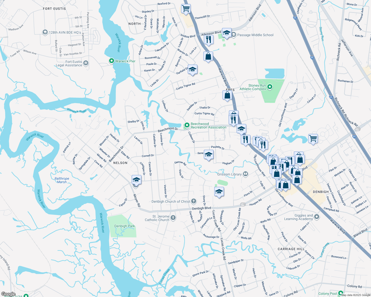 map of restaurants, bars, coffee shops, grocery stores, and more near 285 Paulette Dr in Newport News