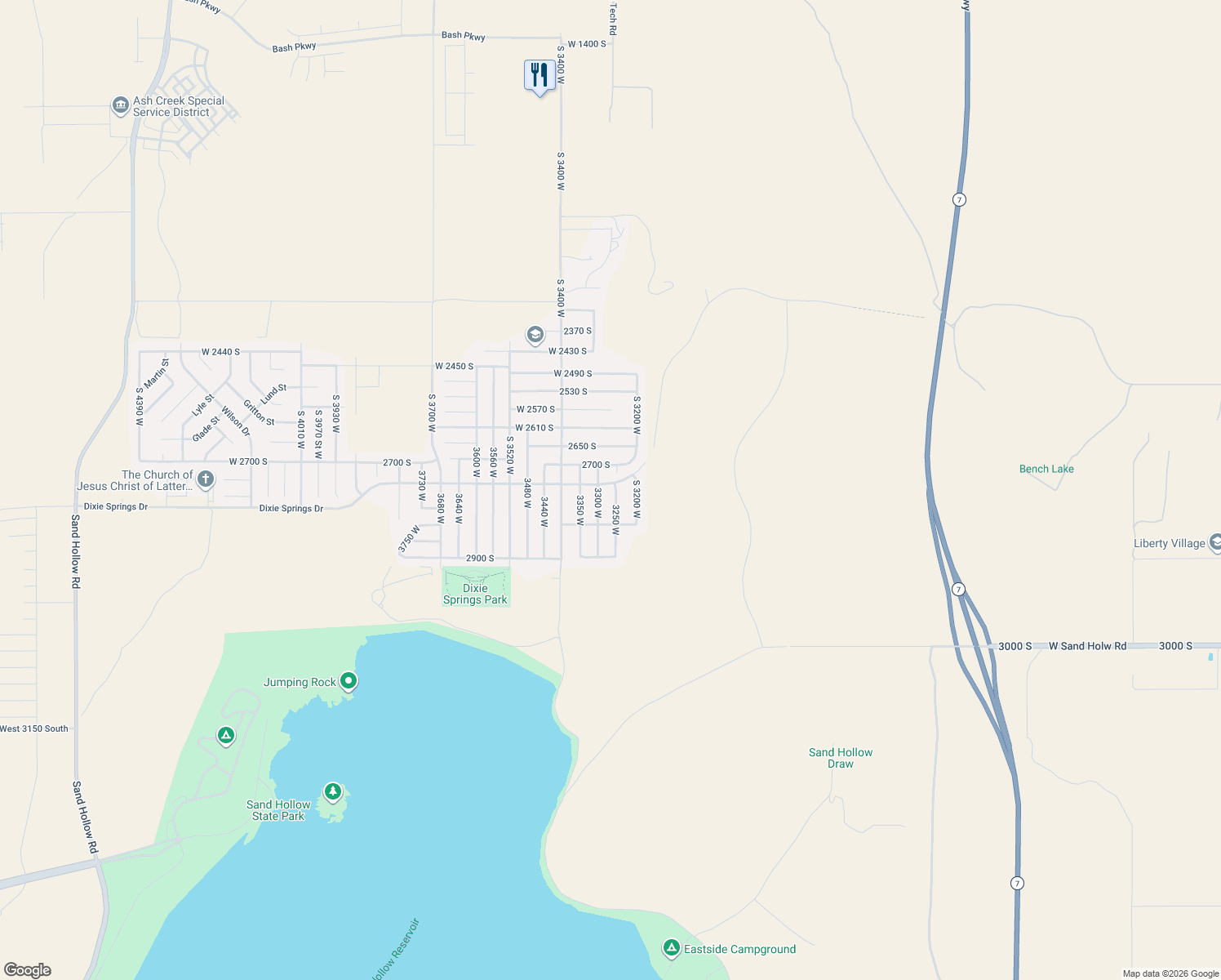 map of restaurants, bars, coffee shops, grocery stores, and more near 2768 South 3250 West in Hurricane