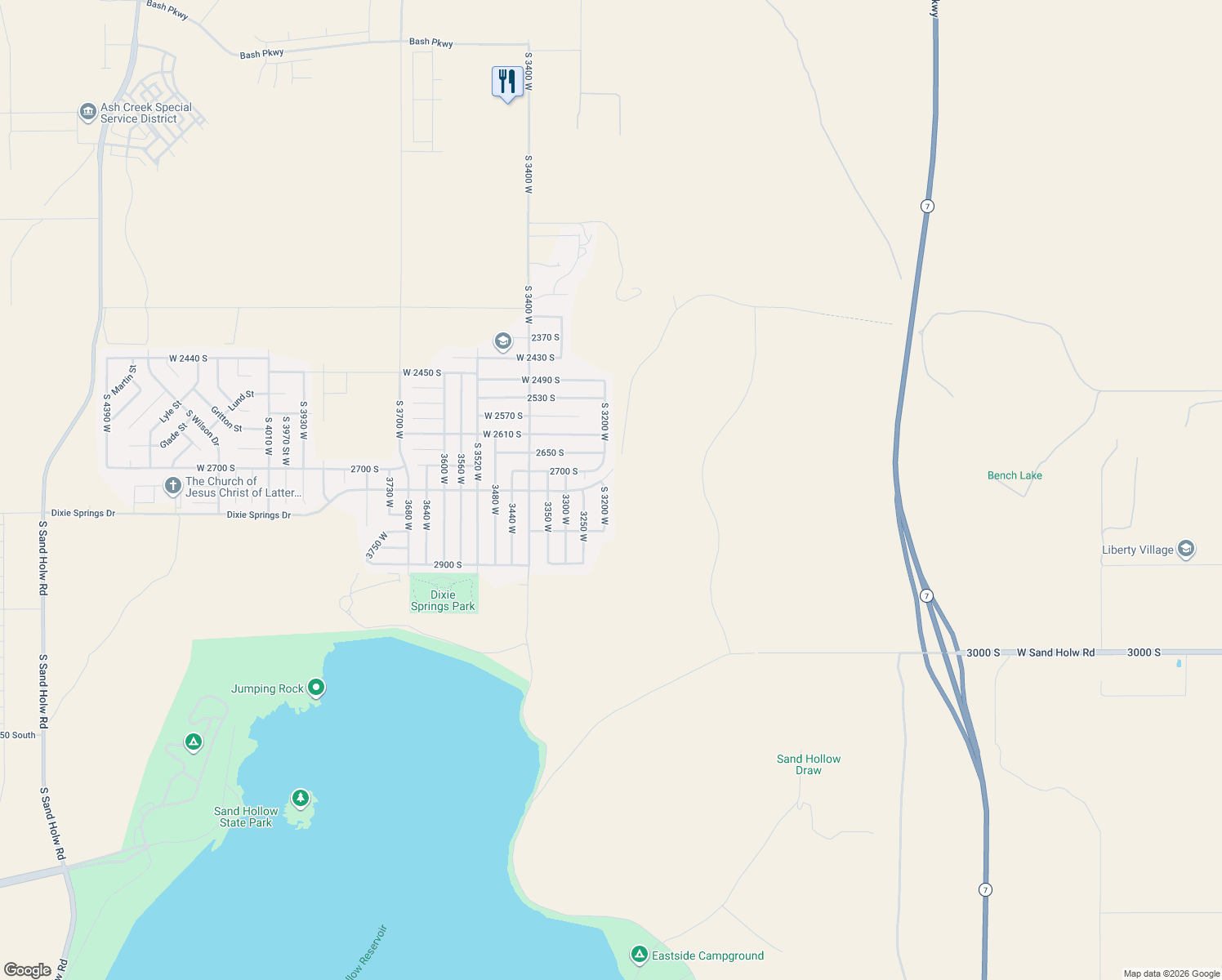 map of restaurants, bars, coffee shops, grocery stores, and more near 3177 West Dixie Springs Drive in Hurricane