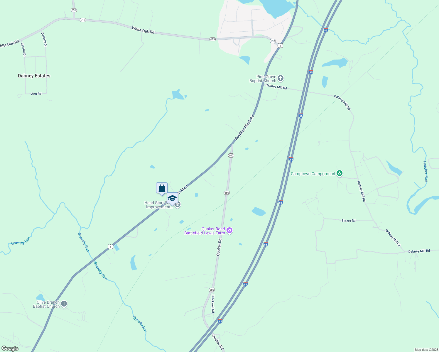 map of restaurants, bars, coffee shops, grocery stores, and more near 10007 Boydton Plank Road in Dinwiddie
