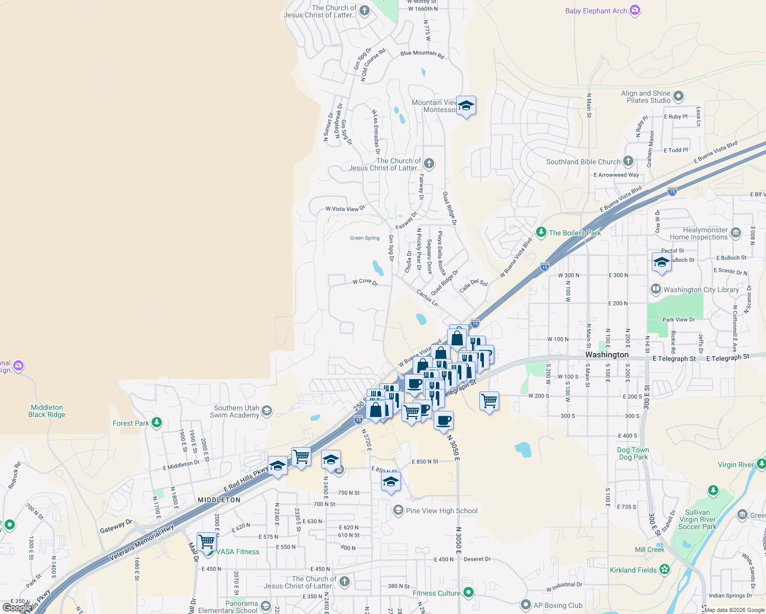 map of restaurants, bars, coffee shops, grocery stores, and more near 1028 West Shadow Ridge Drive in Washington