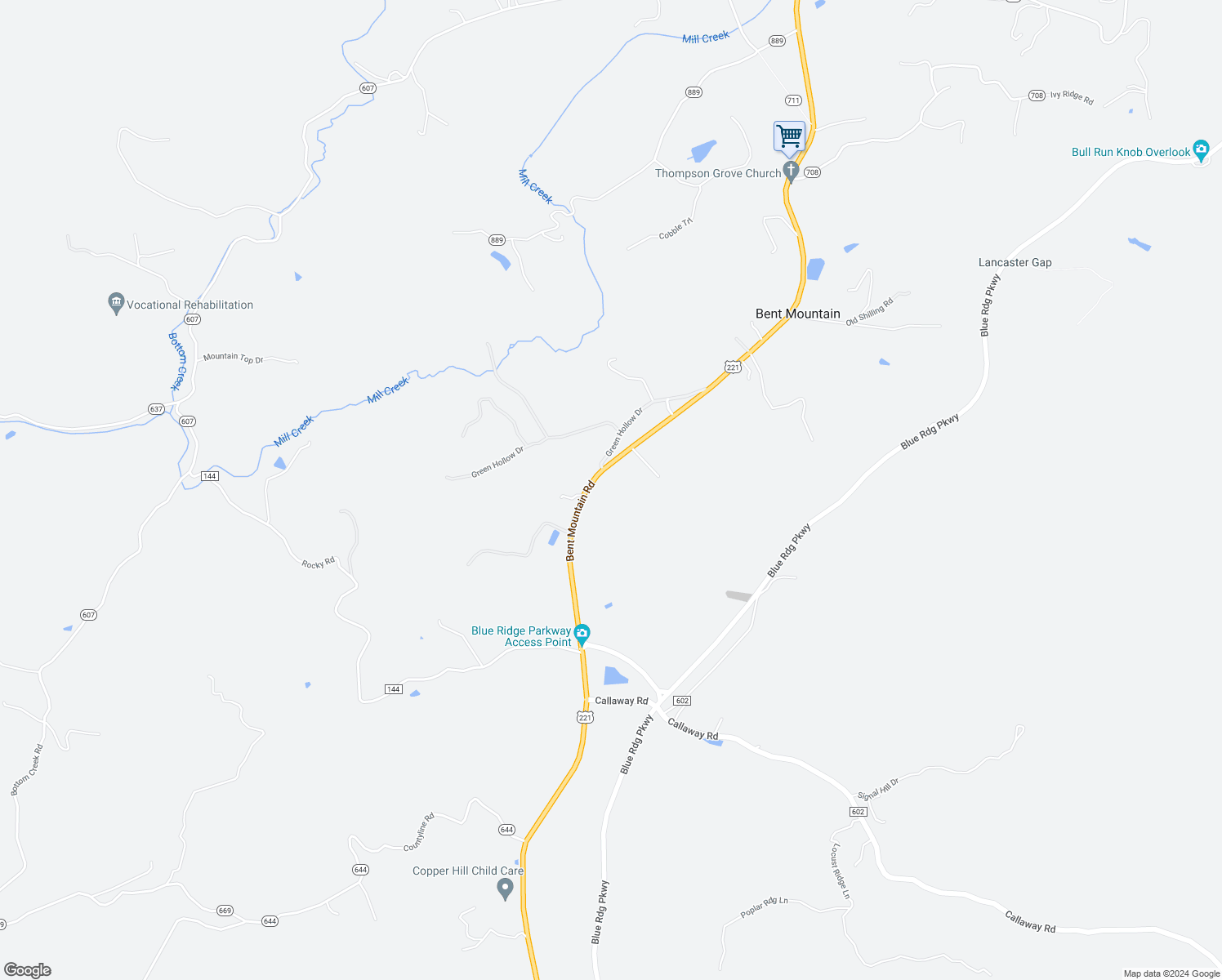 map of restaurants, bars, coffee shops, grocery stores, and more near 10680 Bent Mountain Road in Bent Mountain