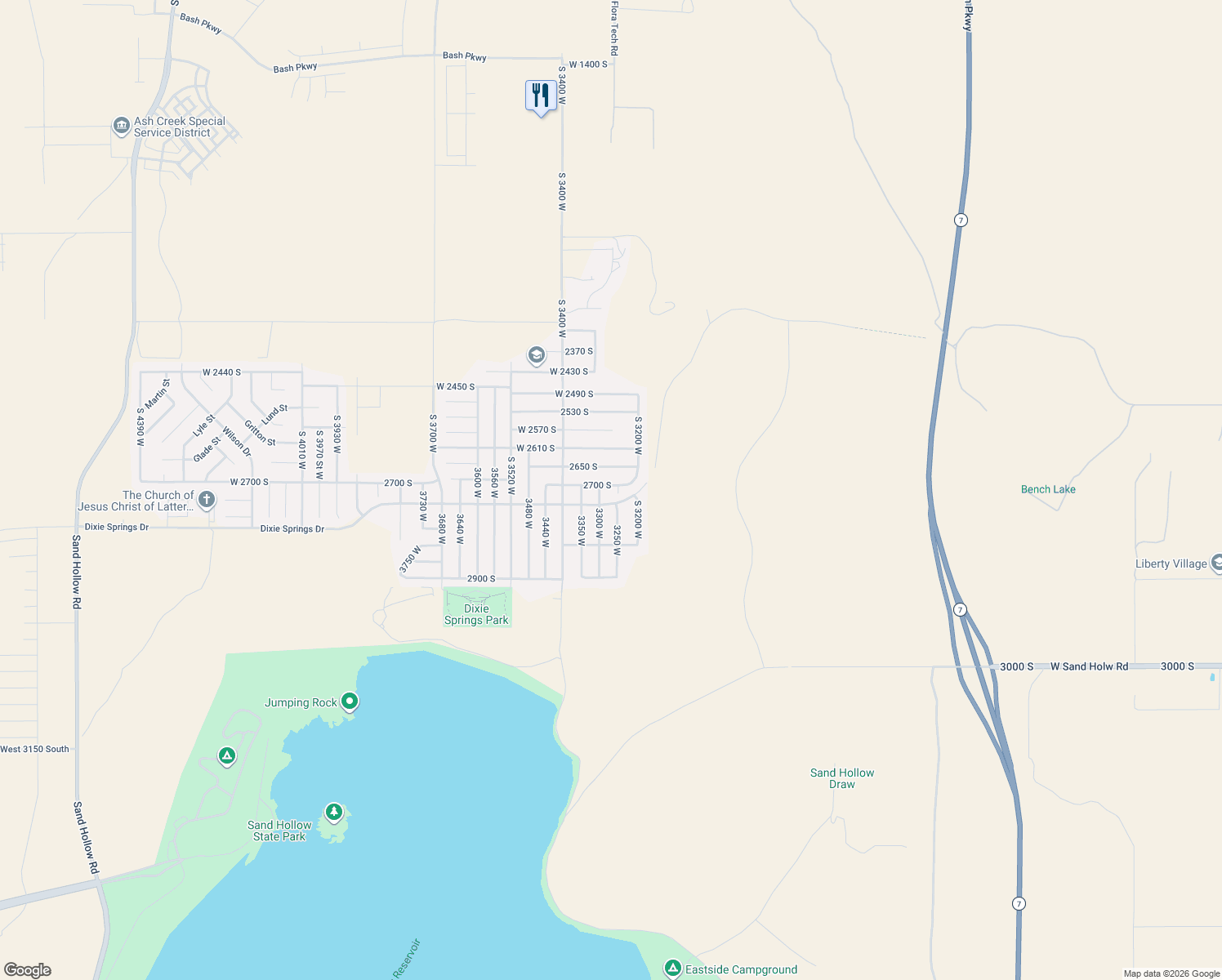 map of restaurants, bars, coffee shops, grocery stores, and more near 2768 South 3250 West in Hurricane