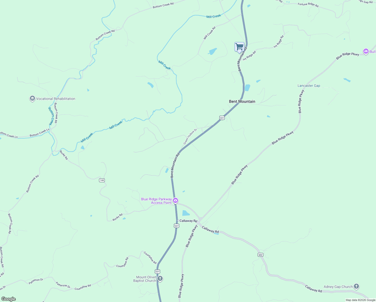 map of restaurants, bars, coffee shops, grocery stores, and more near 10680 Bent Mountain Rd in Bent Mountain