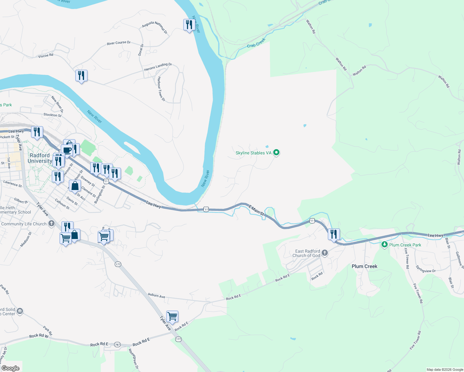 map of restaurants, bars, coffee shops, grocery stores, and more near 299 Ridge Ln in Radford