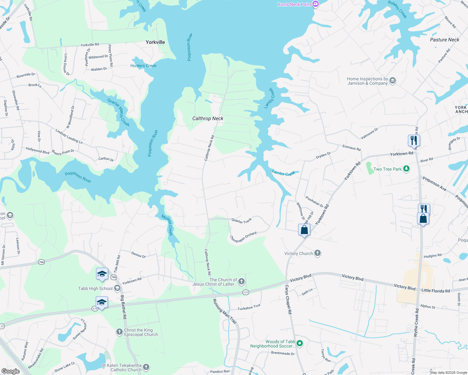 map of restaurants, bars, coffee shops, grocery stores, and more near 122 Lambs Creek Drive in Yorktown