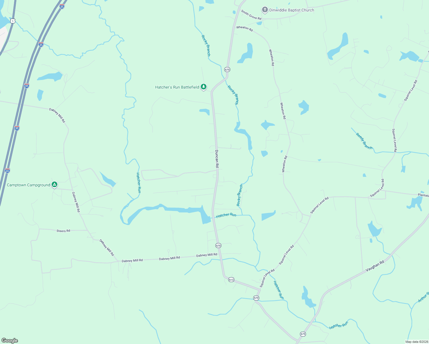 map of restaurants, bars, coffee shops, grocery stores, and more near 10000 Duncan Road in Petersburg