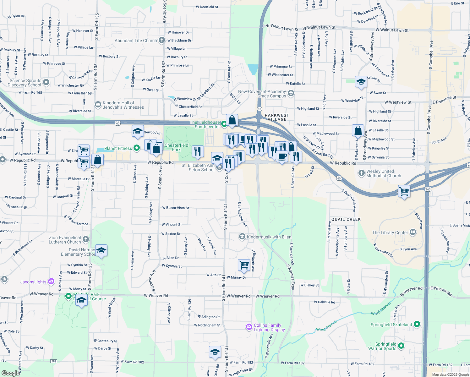 map of restaurants, bars, coffee shops, grocery stores, and more near 4335 South Lafontaine Avenue in Springfield