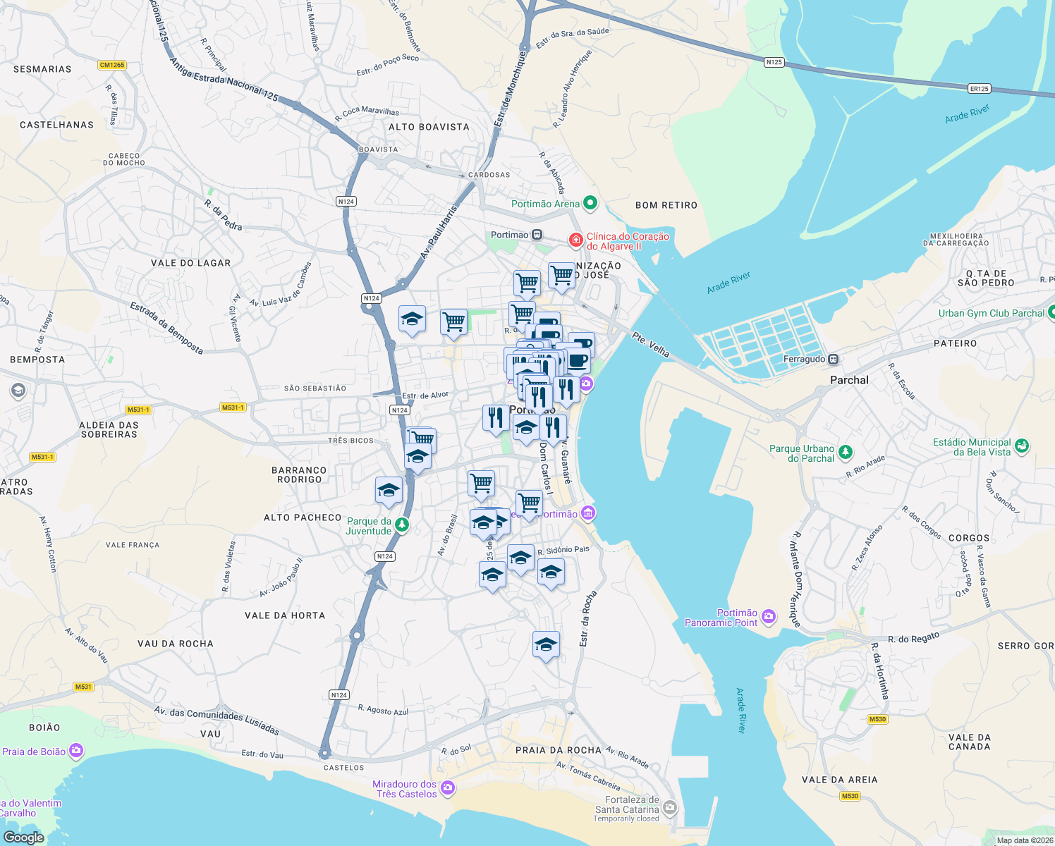 map of restaurants, bars, coffee shops, grocery stores, and more near in Portimão