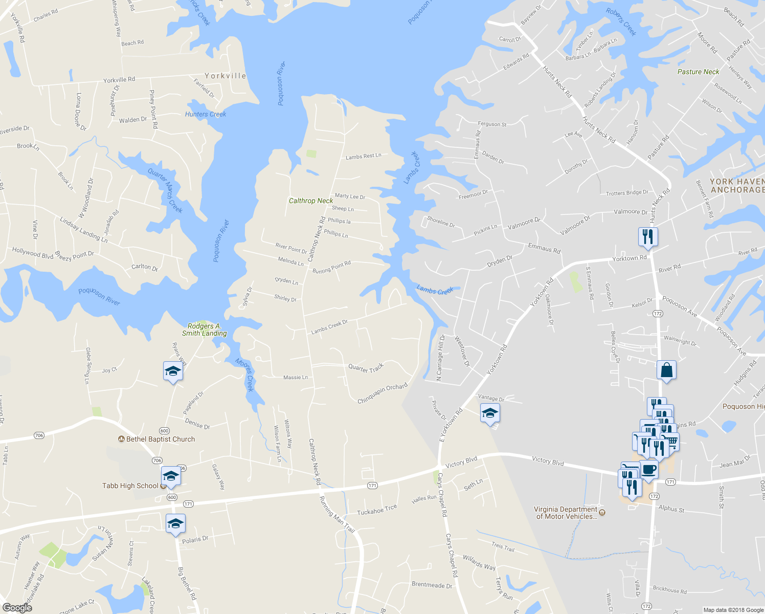 map of restaurants, bars, coffee shops, grocery stores, and more near 400 Lambs Creek Dr in Yorktown