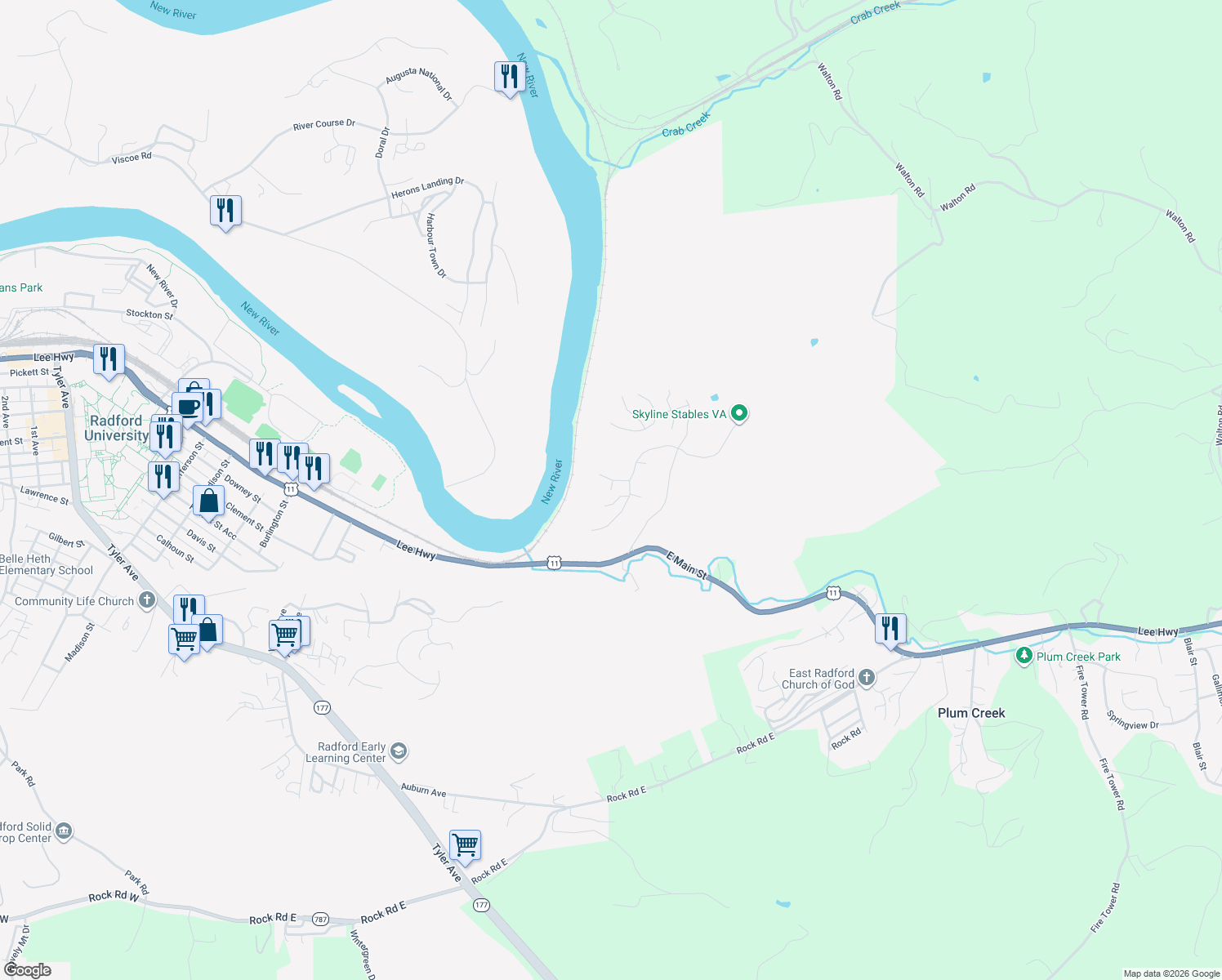 map of restaurants, bars, coffee shops, grocery stores, and more near 299 Ridge Ln in Radford
