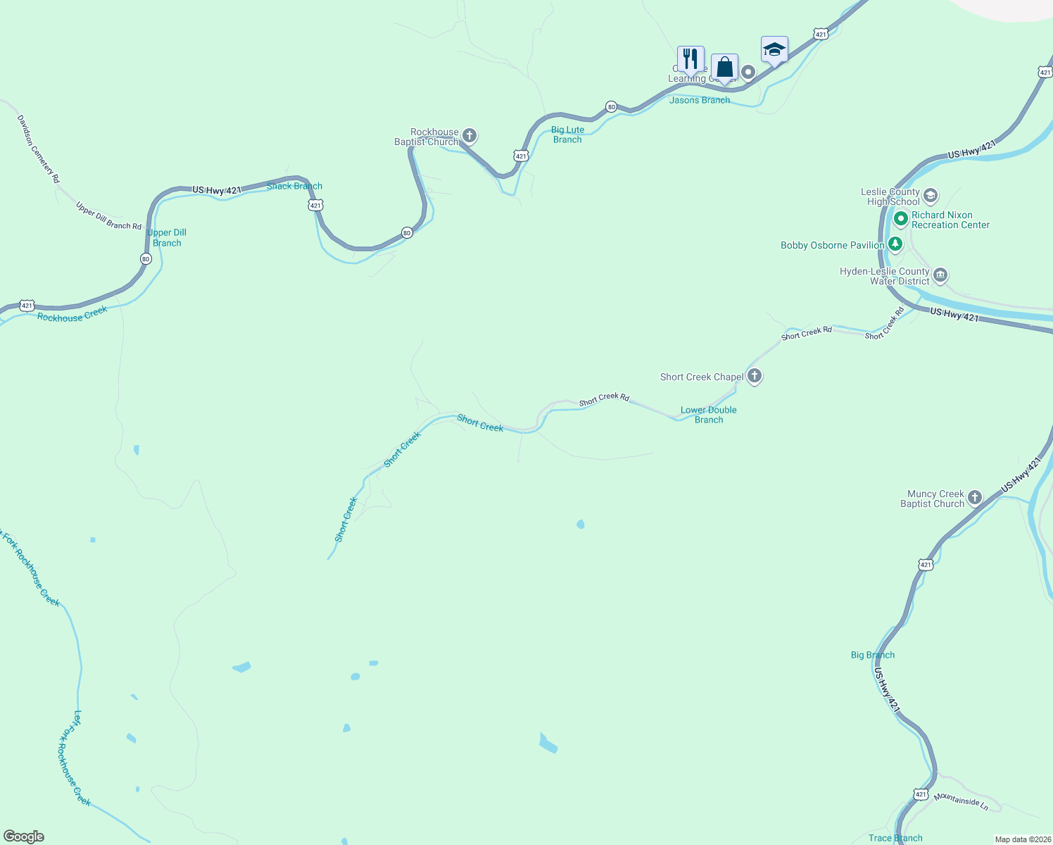 map of restaurants, bars, coffee shops, grocery stores, and more near Short Creek Road in Hyden