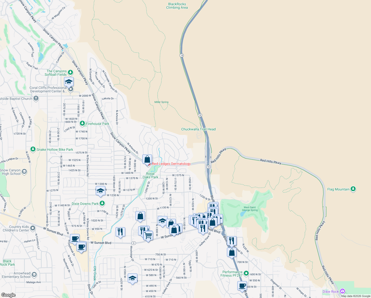 map of restaurants, bars, coffee shops, grocery stores, and more near 1616 Hummingbird Drive in St. George
