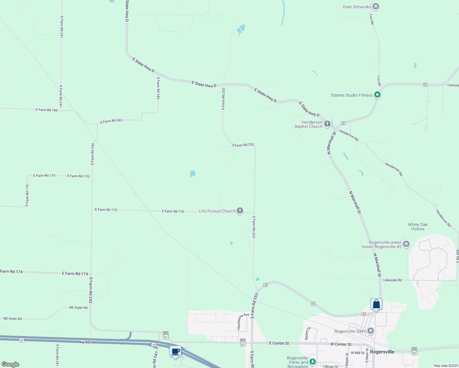 map of restaurants, bars, coffee shops, grocery stores, and more near 9961 East Reba Lane in Rogersville