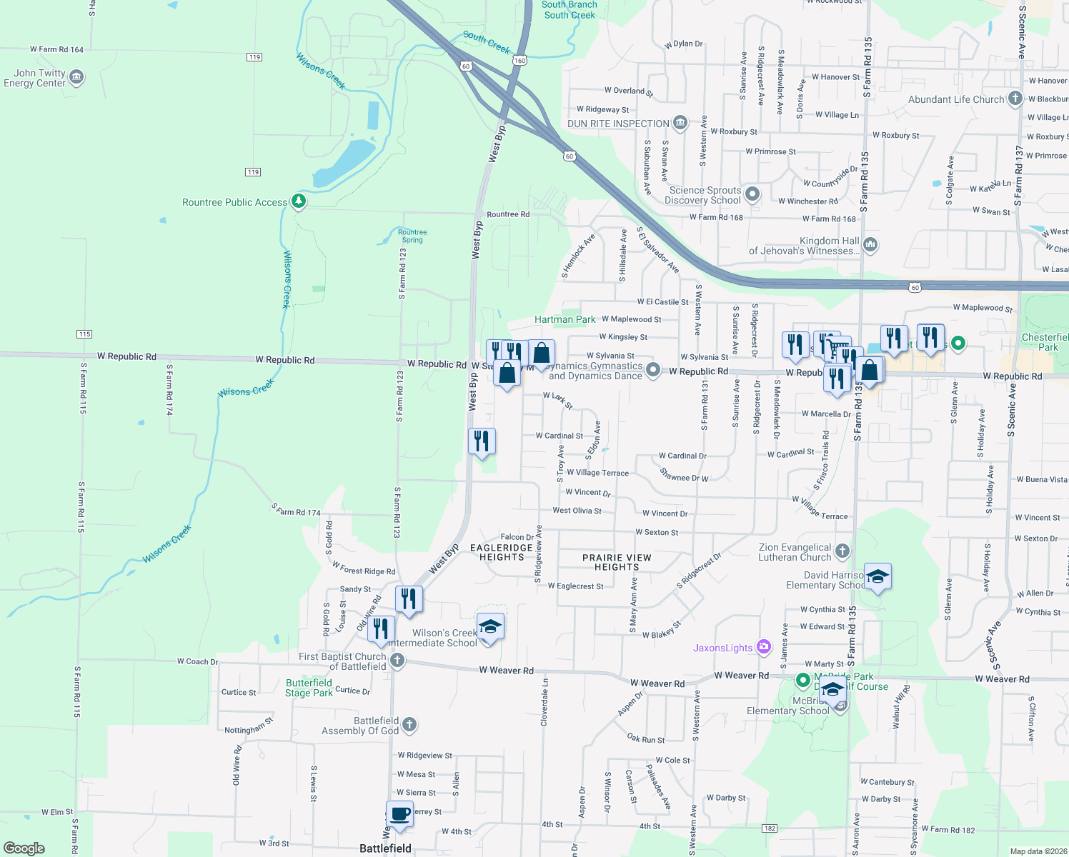 map of restaurants, bars, coffee shops, grocery stores, and more near 3945 W Cardinal St in Springfield