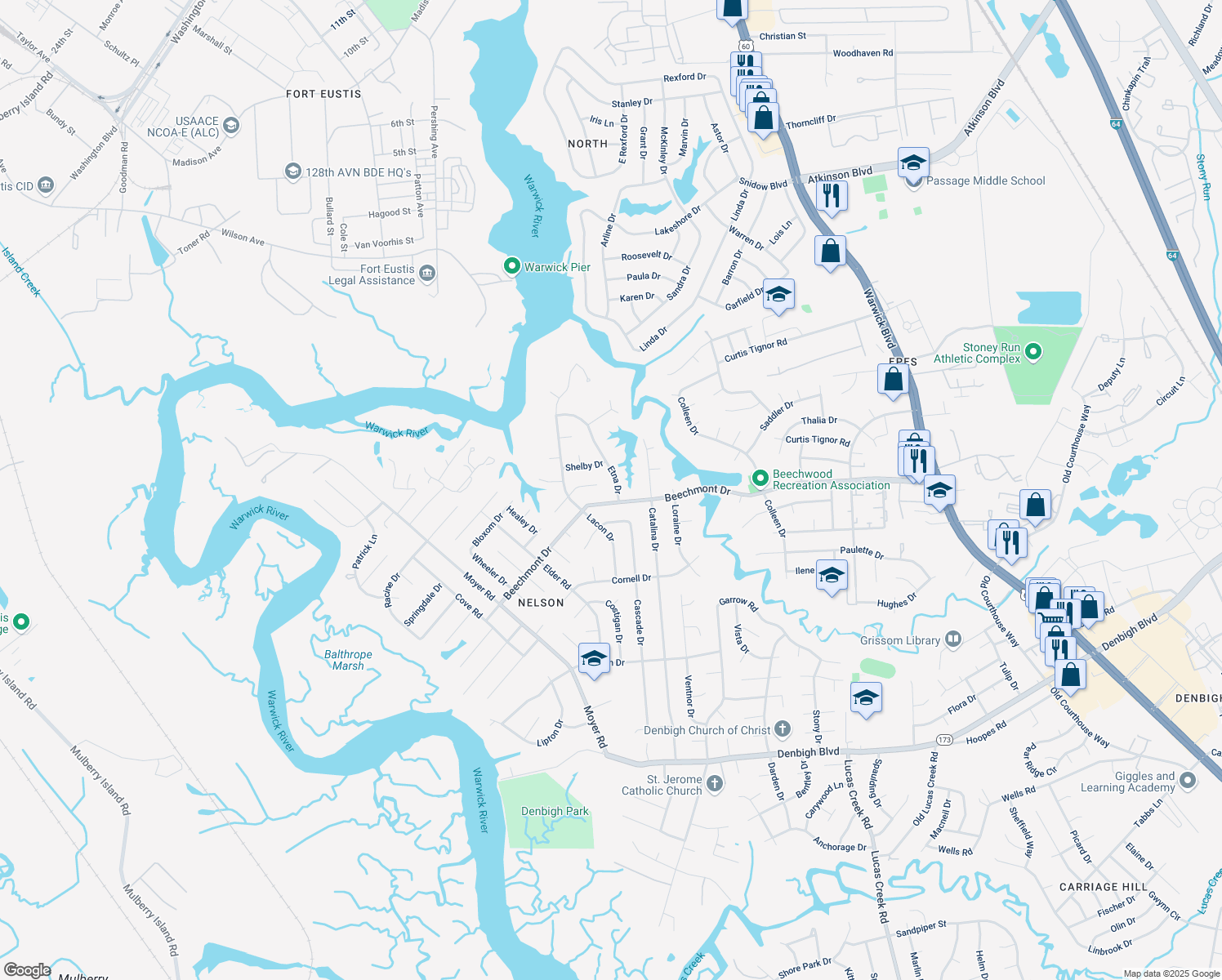 map of restaurants, bars, coffee shops, grocery stores, and more near 903 Etna Drive in Newport News
