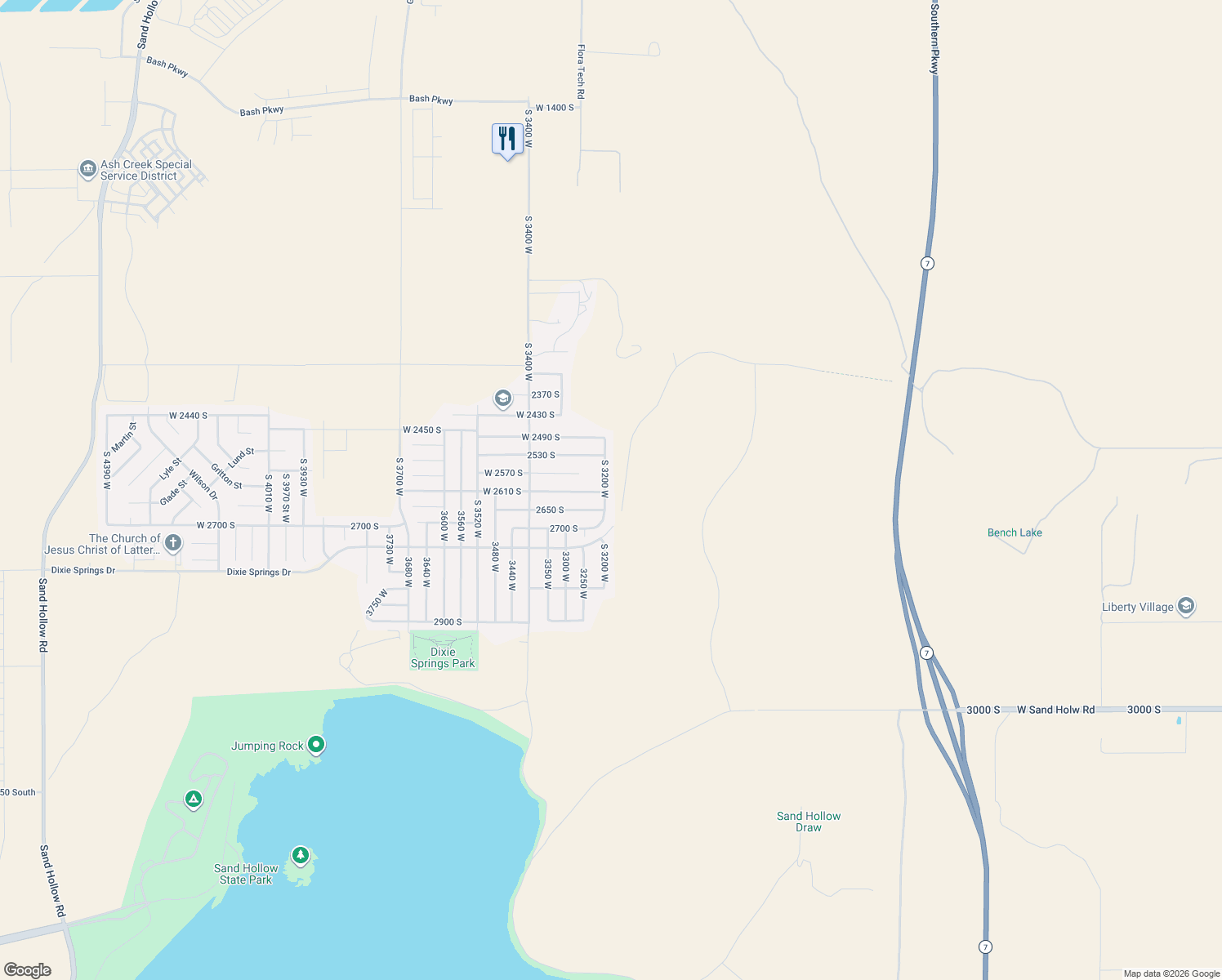 map of restaurants, bars, coffee shops, grocery stores, and more near 2603 South 3200 West in Hurricane