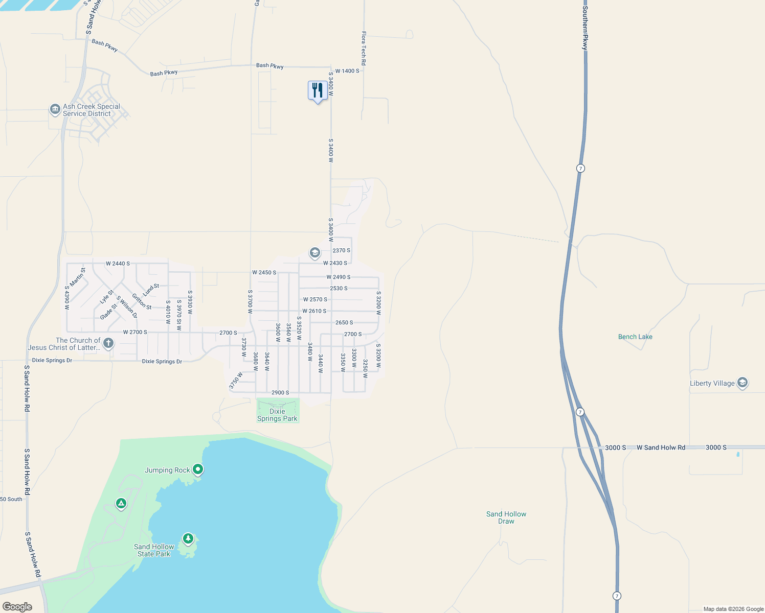 map of restaurants, bars, coffee shops, grocery stores, and more near 2591 South 3200 West in Hurricane