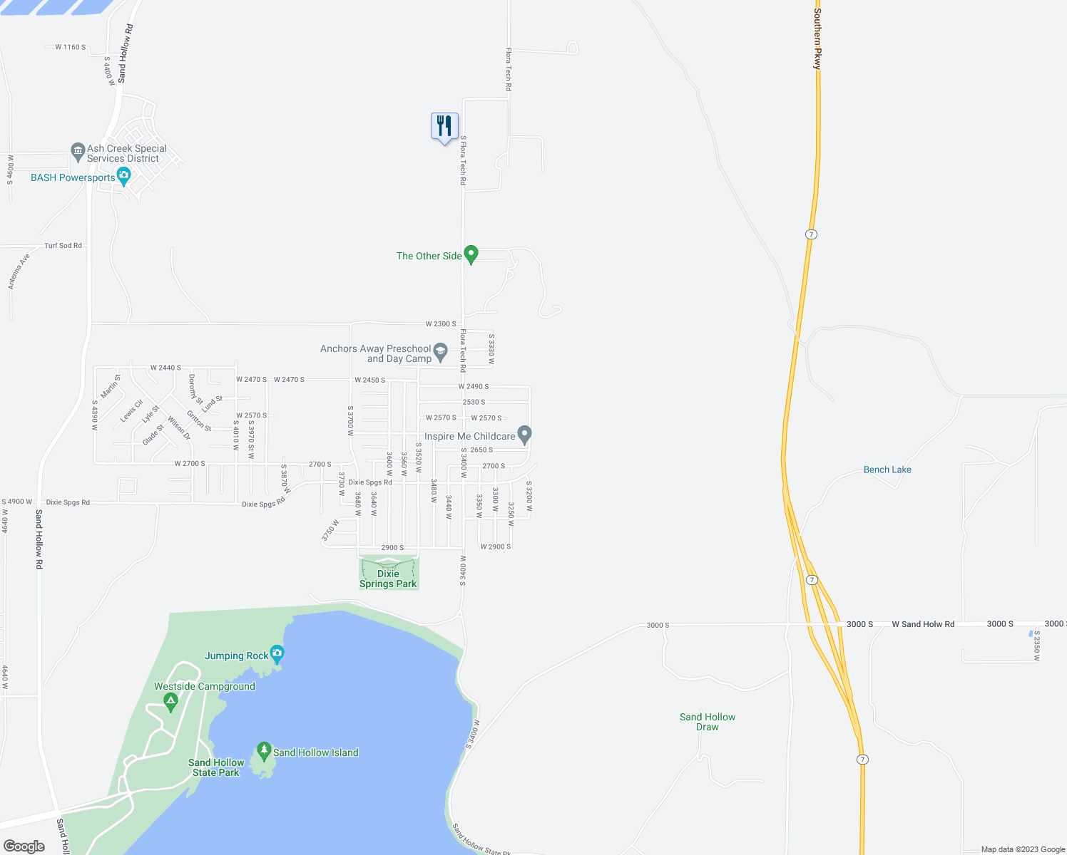 map of restaurants, bars, coffee shops, grocery stores, and more near 2591 South 3200 West in Hurricane